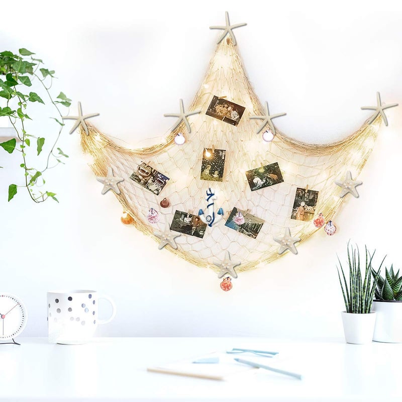 Fangoo 79 x 59 inch Nature Fish Net Wall Decoration with Colorful Sea Shells and 10 Pcs Natural Starfish Ocean Themed Mediterranean Style Fishing Net for Beach Party,Wedding,photography Wall Decoration - Image 4
